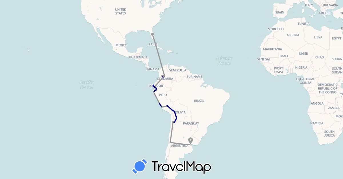 TravelMap itinerary: driving, plane in Argentina, Bolivia, Chile, Colombia, Ecuador, Peru, United States (North America, South America)